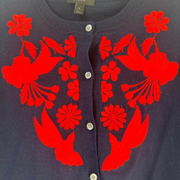 J CREW Wool Embroidered Button Jackie Cardigan Navy Red Sz S Long Sleeve - Picture 6 of 11